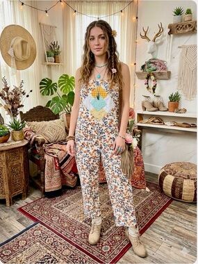 Artisan Upcycled patchwork boho floral overalls w prairie cottagecore vibe